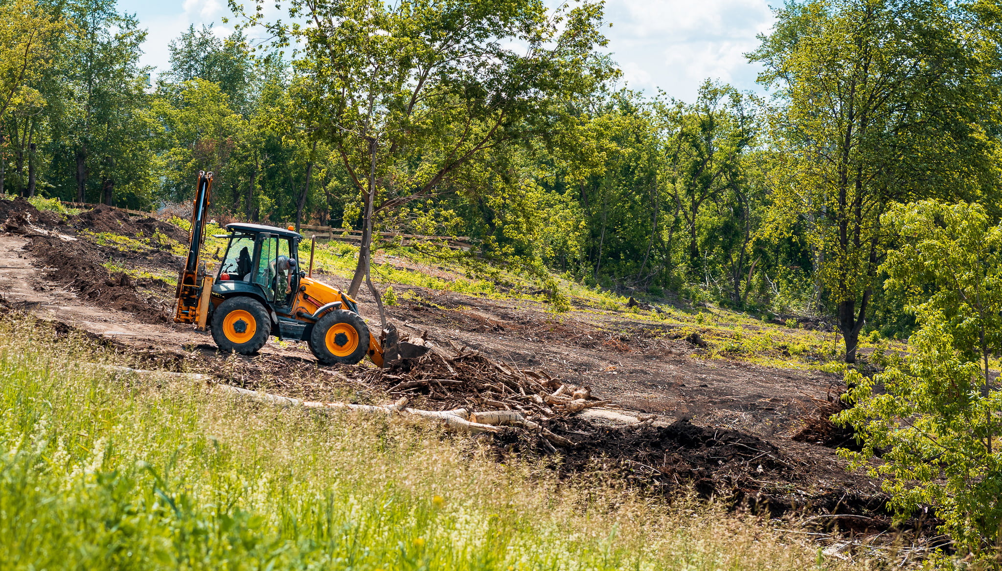 a tractor moving a tree